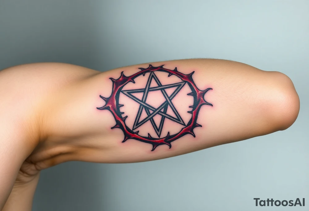 A pentagram surrounded by thorns, with deep reds and blacks, representing occult power and mystery tattoo idea