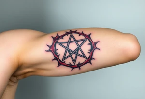 A pentagram surrounded by thorns, with deep reds and blacks, representing occult power and mystery tattoo idea