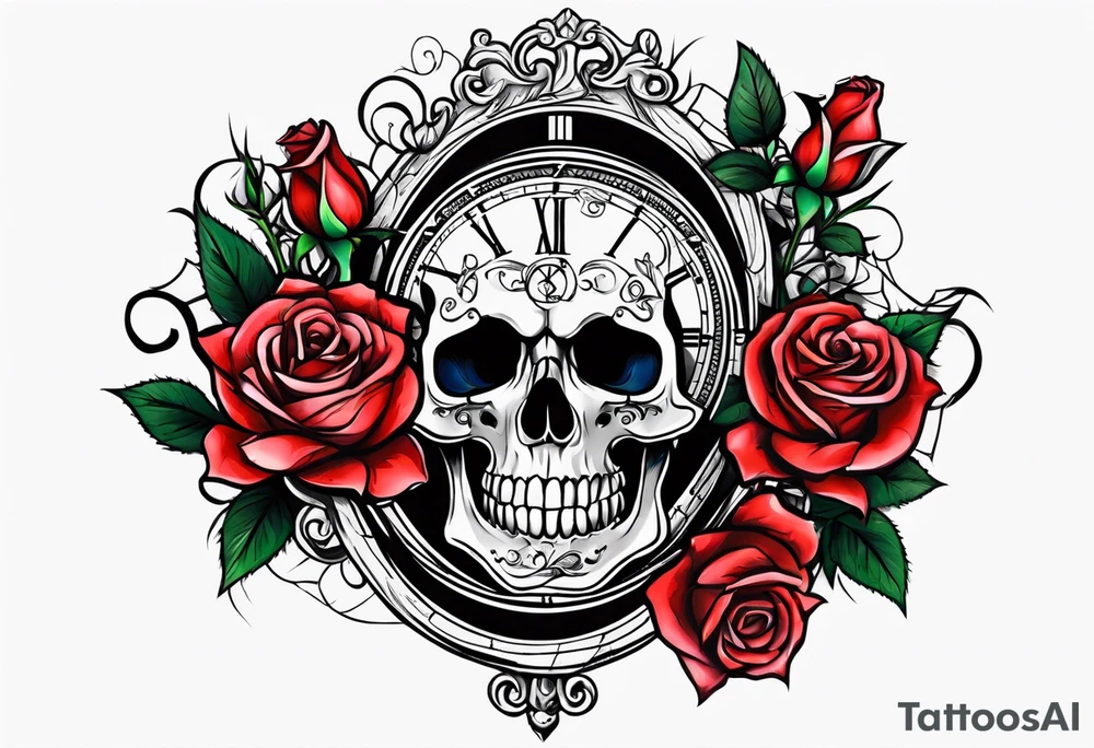 Skeleton with roses with clock tattoo tattoo idea
