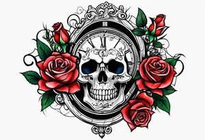 Skeleton with roses with clock tattoo tattoo idea