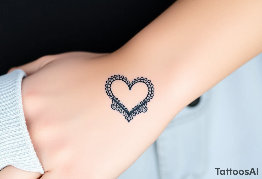 A heart-shaped lace pattern bracelet in black and silver, with a delicate filigree border tattoo idea