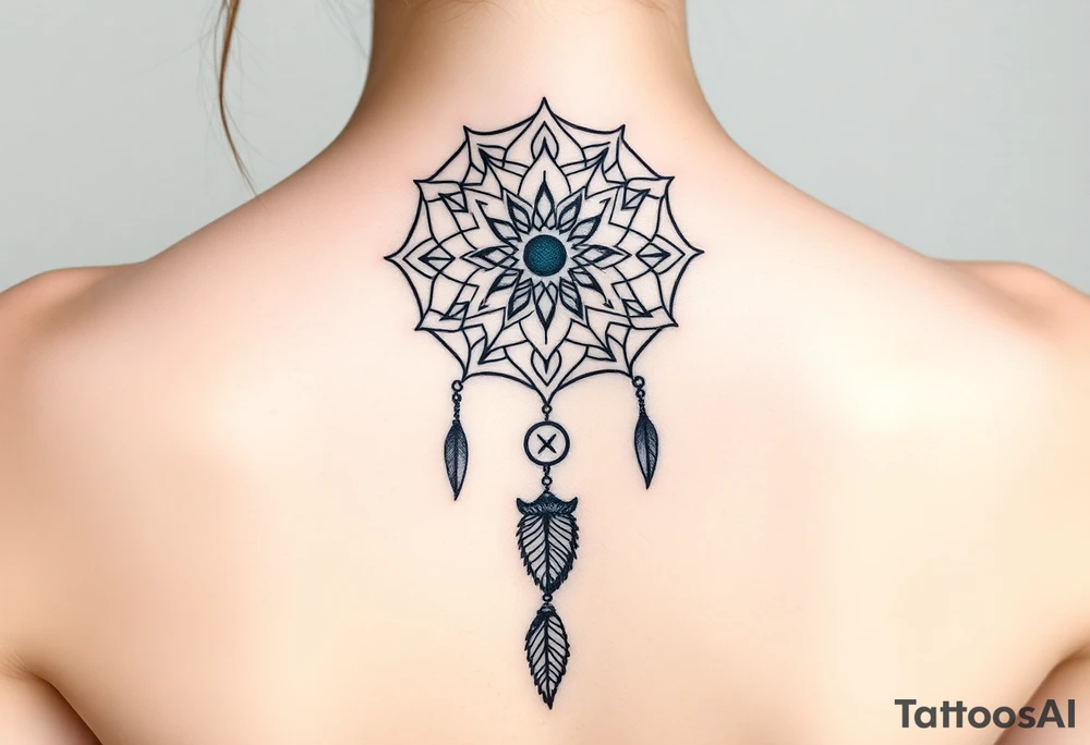 Dreamcatcher with zodiac symbols and protection runes caught in it with wolf teal tattoo idea