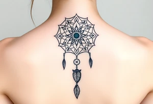 Dreamcatcher with zodiac symbols and protection runes caught in it with wolf teal tattoo idea