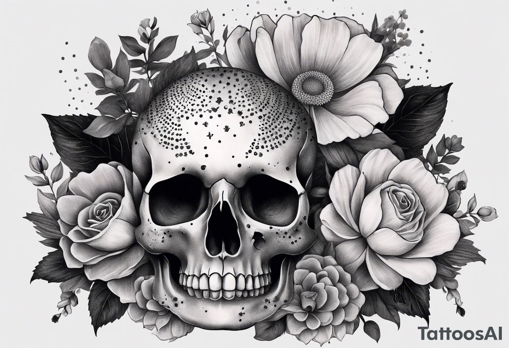 Flowers, potions, small skull, big flowers small snake with dot work in between tattoo idea