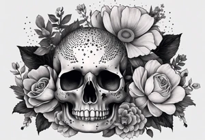 Flowers, potions, small skull, big flowers small snake with dot work in between tattoo idea