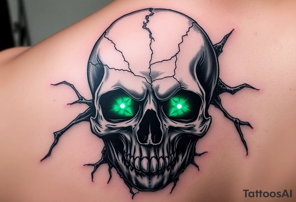 Close-up of a cracked skull with glowing emerald eyes, dark fantasy art. tattoo idea