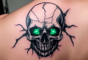 Close-up of a cracked skull with glowing emerald eyes, dark fantasy art. tattoo idea