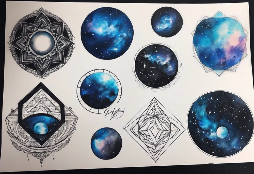 I want the outside black like the space and the galaxy blue different shades  Galaxy spyral tattoo the ones that look like an s shape because they are spinning so fast I want it in all blue but different shades of blue and it will be on my ass cheek so make it cute and conples and very aesthetic tattoo idea