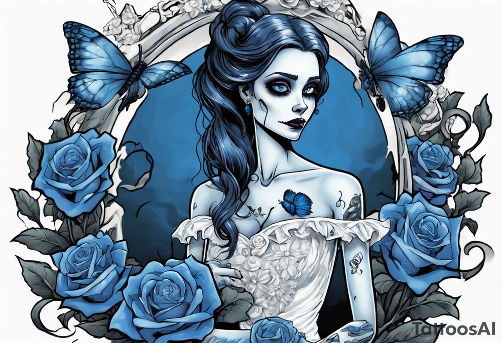 corpse bride Emily wearing a wedding dress she is holding a blue rose bouquet of flowers. one white daisy in the middle of the bouquet. one blue butterfly. A full moon on the background. full grown tattoo idea