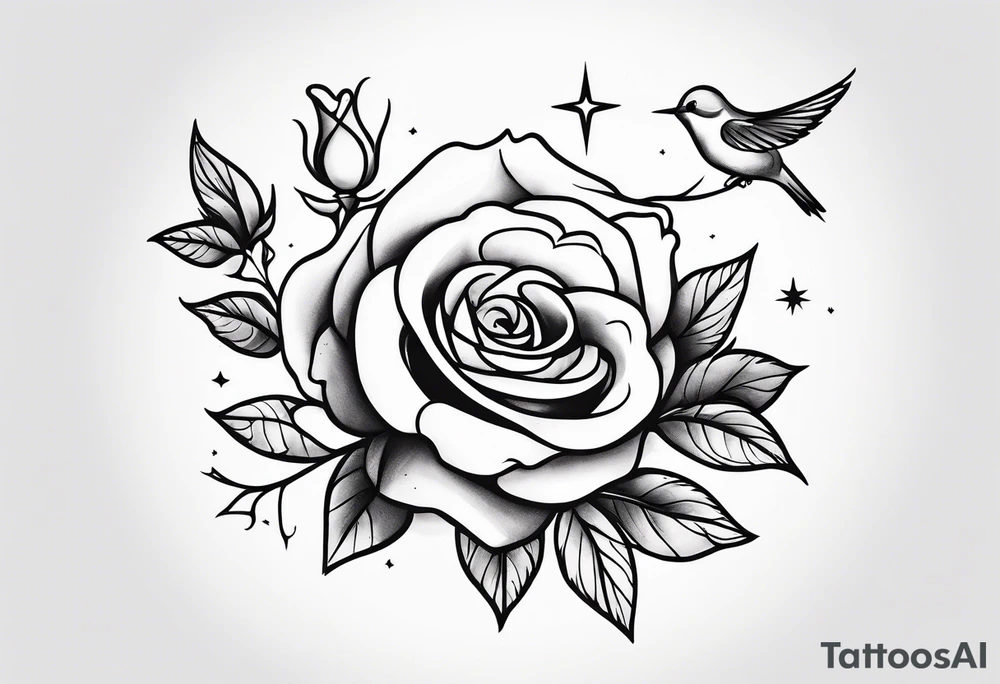 simple lines. minimalist. a rose, no thorns, a few leaves along the stem. three delicate birds flying around the rose. but simple traces of birds seen from a distance and five small stars around them. Small arm tattoo for a delicate woman. tattoo idea