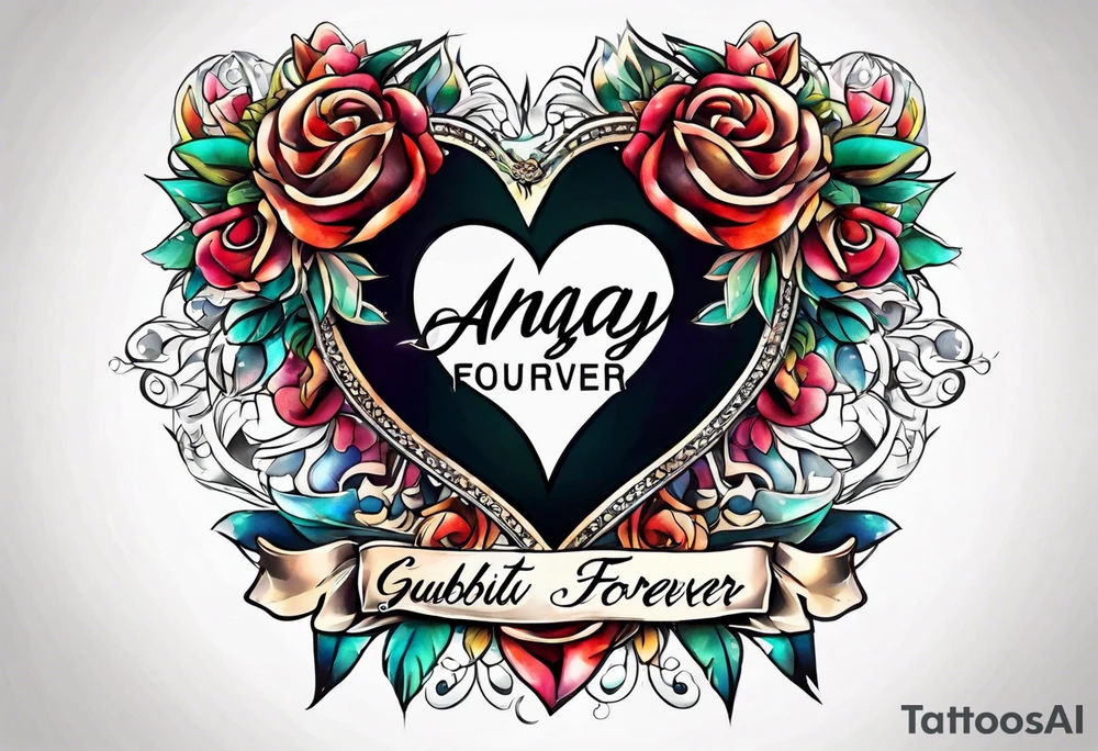 Heart with banner that says Anjay + Gurbux Forever tattoo idea