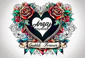 Heart with banner that says Anjay + Gurbux Forever tattoo idea
