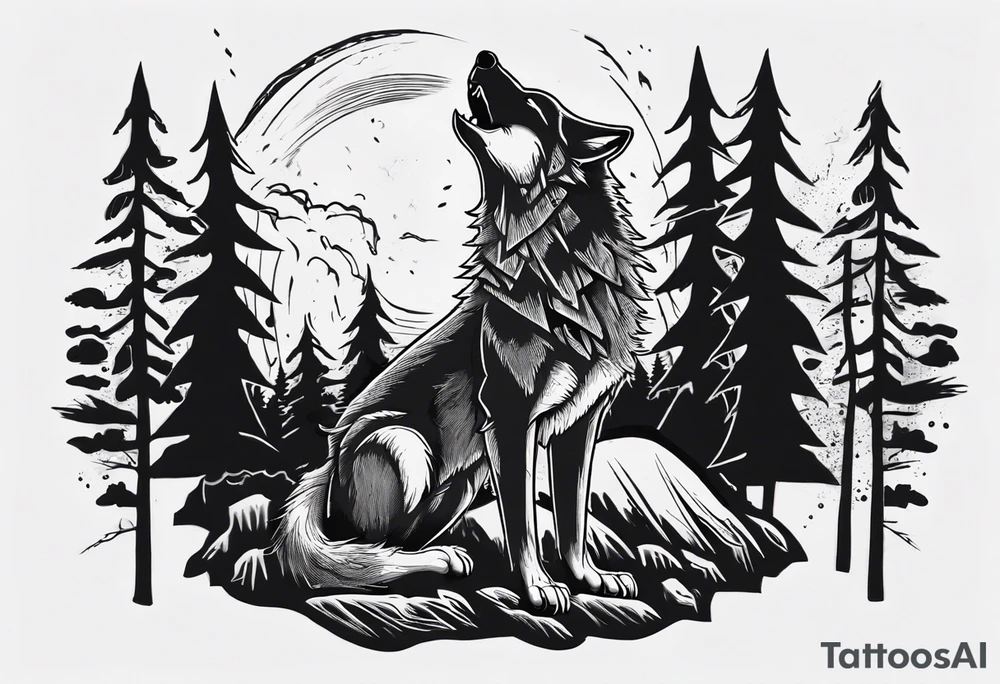 thunderstorm over a forest with a wolf howling on drums tattoo idea thunderstorm over a forest with a wolf howling on drums tattoo idea