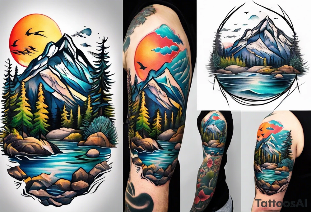 Mountains fishing tattoo idea