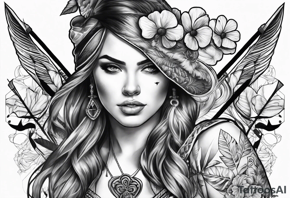 idea of adding buffs to people with this tattoo. using realistic style with arrows and Four Leaf Clover to generating stats of Luck. tattoo idea