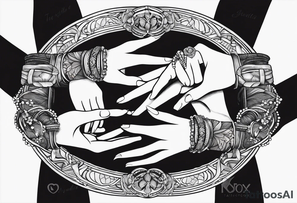 three baby hands and arms holding each other arm in a circle. Each wrist has a bracelet on it, with the names Arabella, Everleigh, and Arayla engraved on plates tattoo idea