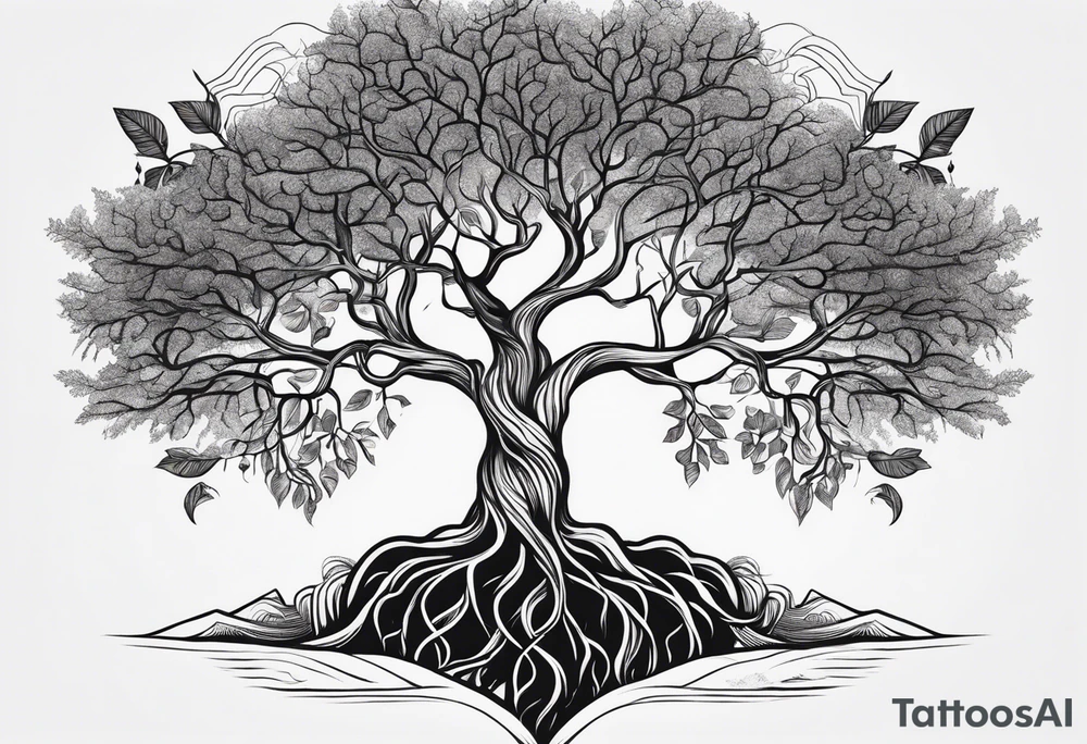 Tree with roots, mental health related, simplistic line work, brain and heart on a scale make with Greek mythology influences tattoo idea