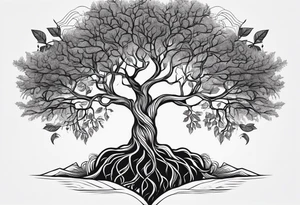 Tree with roots, mental health related, simplistic line work, brain and heart on a scale make with Greek mythology influences tattoo idea