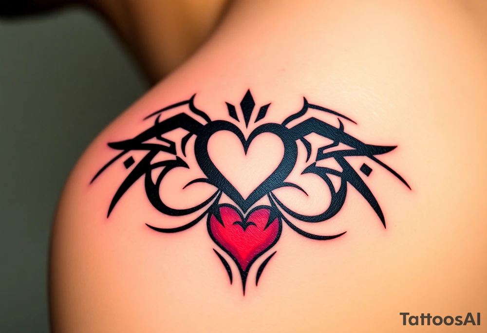 A bold tribal-style infinity symbol with sharp geometric patterns and heart, in black ink with subtle red accents tattoo idea
