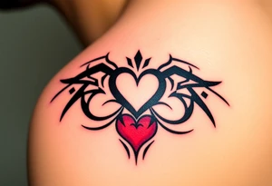 A bold tribal-style infinity symbol with sharp geometric patterns and heart, in black ink with subtle red accents tattoo idea