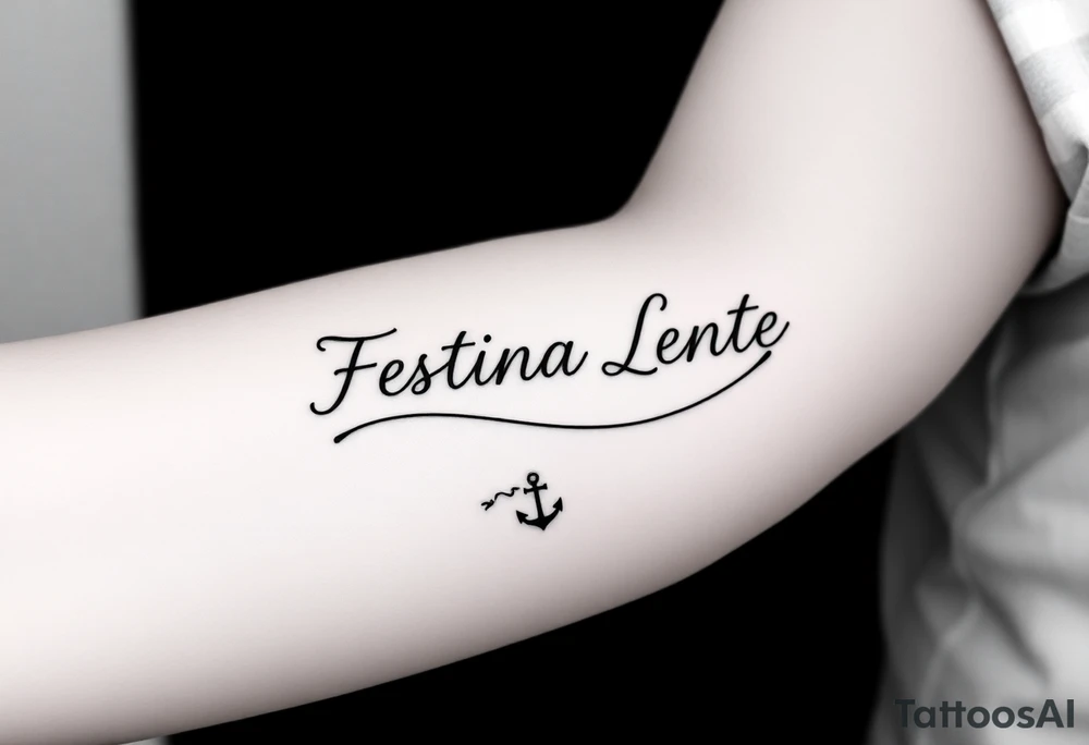A small, minimal conceptual tattoo for the inner arm.
The phrase “Festina Lente” is not written traditionally; instead, the entire text is formed subtly from a single thin rope.
At the lower end of the rope, a small anchor is attached and appears embedded into the skin, symbolizing patience and stability.
At the opposite end, the rope is being pulled by a very small, minimal, symbolic devil silhouette representing haste.
The rope naturally twists and curves to form the letters of “Festina Lente”, so that at first glance it looks like an abstract rope composition, but upon closer inspection the text becomes readable.
Highly refined, modern calligraphic flow created by the rope itself, elegant and understated.
Black ink only, ultra-fine line work, minimal shading, strong use of negative space, contemporary 2026 tattoo style.
No traditional tattoo elements, no bold outlines, no old-school style, no decorative ornaments.
Clean, intelligent, subtle storytelling tattoo suitable for a small inner-arm placement. tattoo idea
