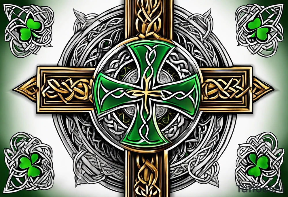 Celtic cross shamrocks in center one feather hanging from each side of cross tattoo idea