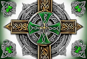 Celtic cross shamrocks in center one feather hanging from each side of cross tattoo idea