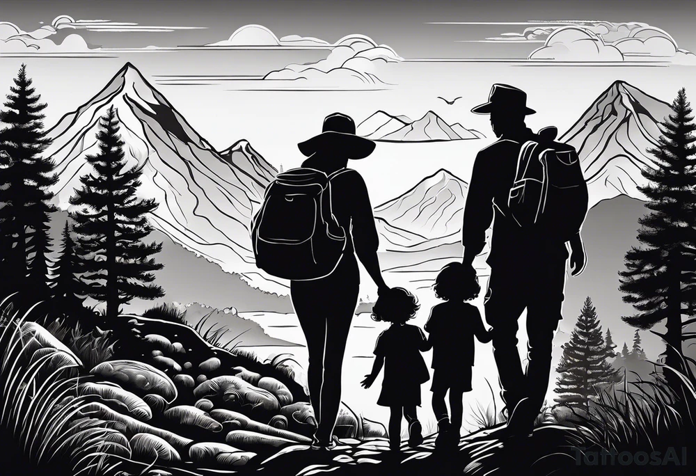 Family silhouette of a father, a mother, oldest son, middle daughter, and small daughter foraging mushrooms with mountains and creek in background tattoo idea