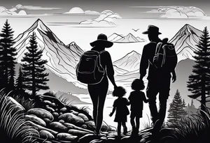 Family silhouette of a father, a mother, oldest son, middle daughter, and small daughter foraging mushrooms with mountains and creek in background tattoo idea