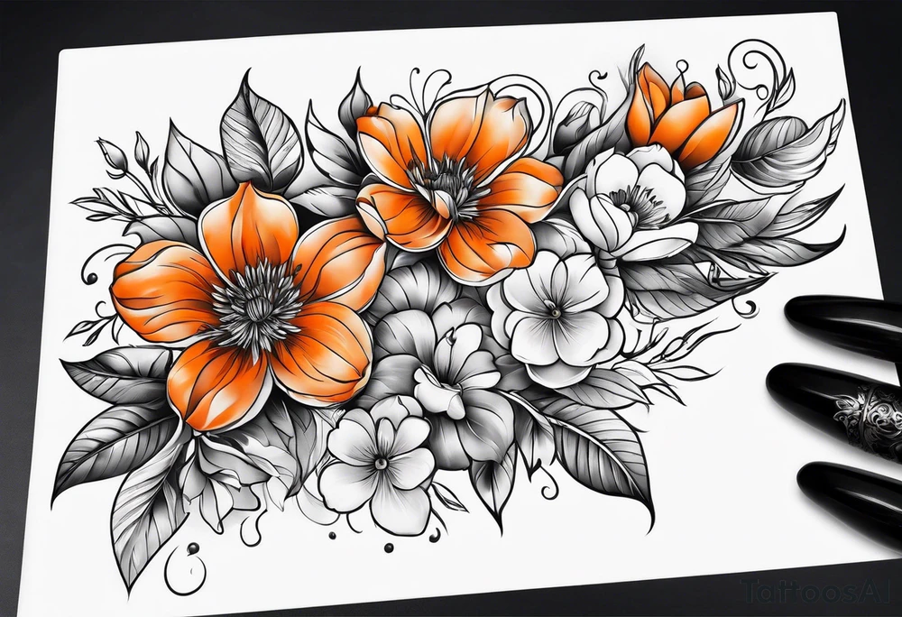 Arm sleeve with orange flowers tattoo idea