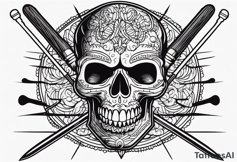 Black line skull with knitting needles stabbing through the eye sockets tattoo idea