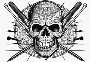 Black line skull with knitting needles stabbing through the eye sockets tattoo idea