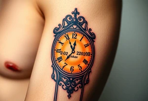 A timeless grandfather clock with delicate engravings, with the birth time and date "02. 03. 2020" and name "Oskar" - glowing in soft golden light, in warm sepia and gold hues tattoo idea