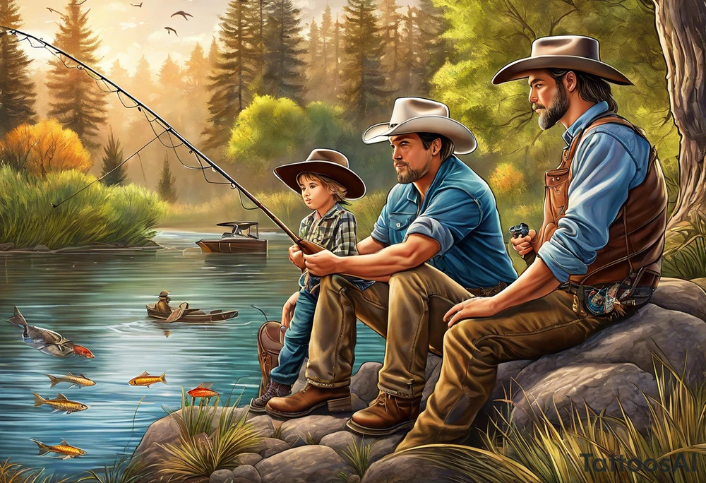 Father, young son and young daughter fishing from the bank. They are wearing cowboy hats. Trees are surrounding them with wildlife tattoo idea