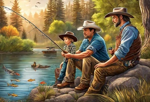 Father, young son and young daughter fishing from the bank. They are wearing cowboy hats. Trees are surrounding them with wildlife tattoo idea