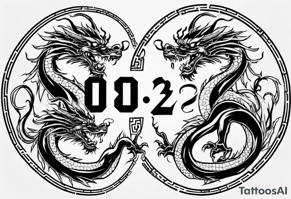 Chinese dragon in a circular shape with "02.03" written on its skin tattoo idea