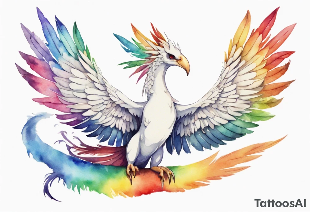 a watercolor of a white bird-serpent hybrid wearing a plain crown, with rainbow wing feathers, flying in the sky tattoo idea