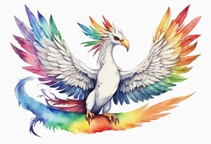 a watercolor of a white bird-serpent hybrid wearing a plain crown, with rainbow wing feathers, flying in the sky tattoo idea