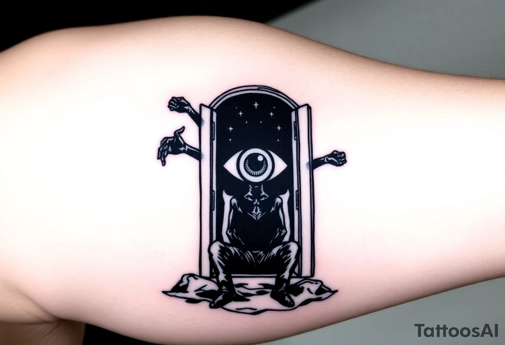 from full metal alchemist :The truth sitting in front of a nearly fully opened door with the eye of god inside the door with all black around it and black hands starting to come out the door stretching to different places tattoo idea