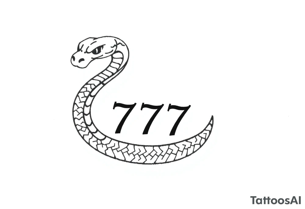 Black linework tattoo of a stylized snake with a slightly menacing or focused expression, curving in an S-shape with its body wrapping around or framing the number 777. The number should be bold and centered within the lower coil. No shading, just clean, sharp outlines. The snake should have a strong head shape with visible eyes and a minimalistic jaw detail. The overall style should be simple, compact, and ideal for a small tattoo with a modern, edgy feel tattoo idea