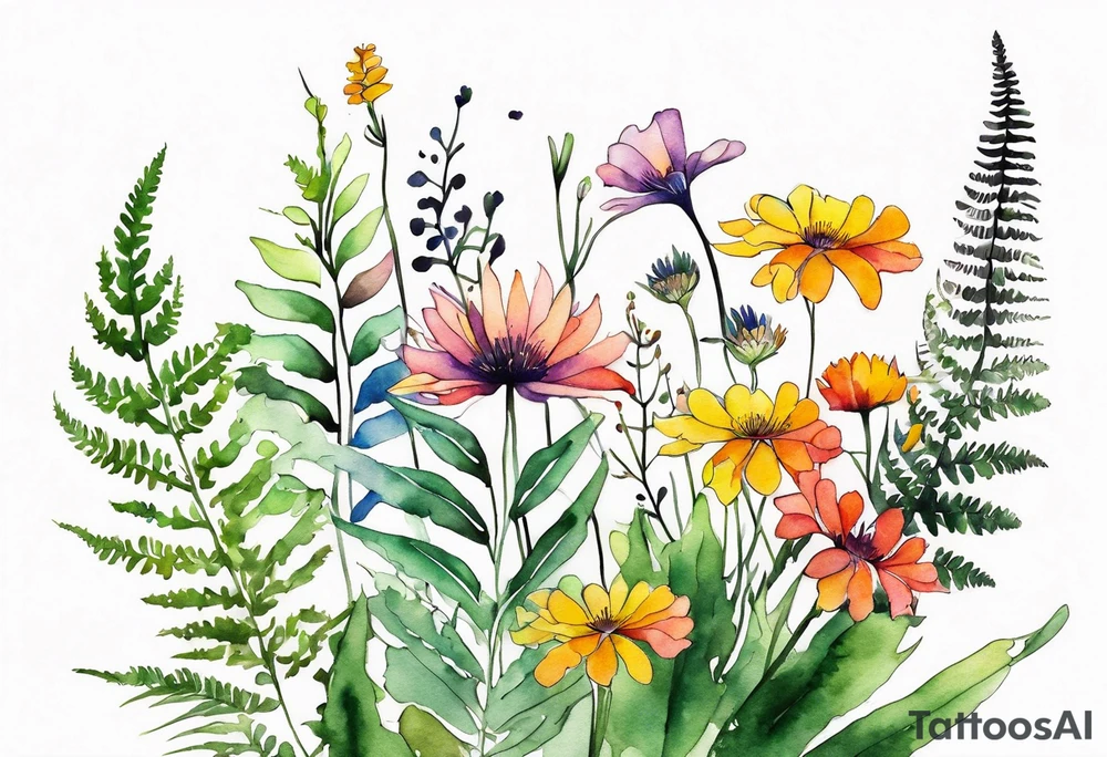 Multi colored wild flowers long stems bouquet with ferns all watercolor tattoo idea