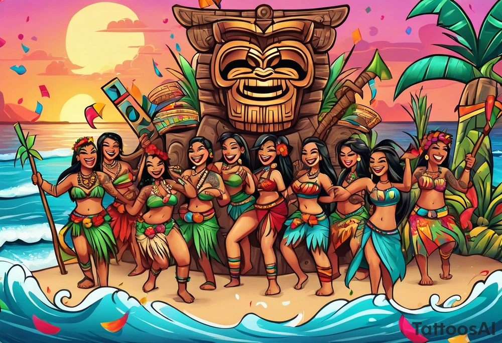hulu tiki party with dancing tiki guys and sexy tiki girls on a beach with music notes and confetti around a blank space in the middle tattoo idea