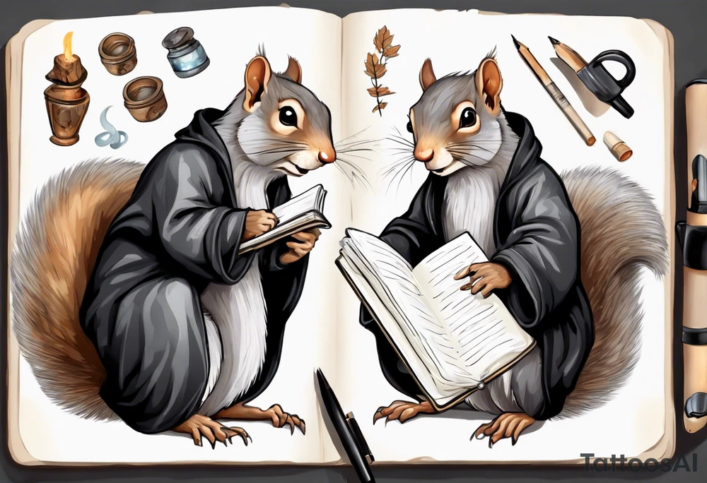 an elderly grey squirrel with a long beard wearing a black robe writing in a journal tattoo idea