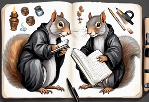 an elderly grey squirrel with a long beard wearing a black robe writing in a journal tattoo idea