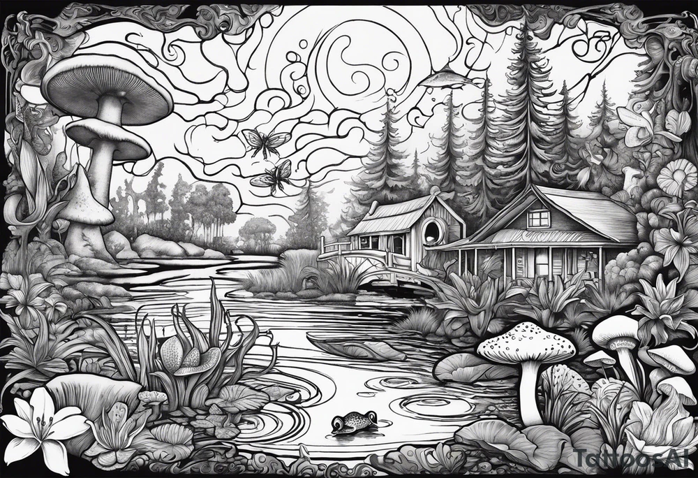A bayou that has cypress trees, mushrooms, lily pads, frogs, and bugs with a mermaid in the background that is singing music. tattoo idea
