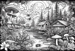 A bayou that has cypress trees, mushrooms, lily pads, frogs, and bugs with a mermaid in the background that is singing music. tattoo idea