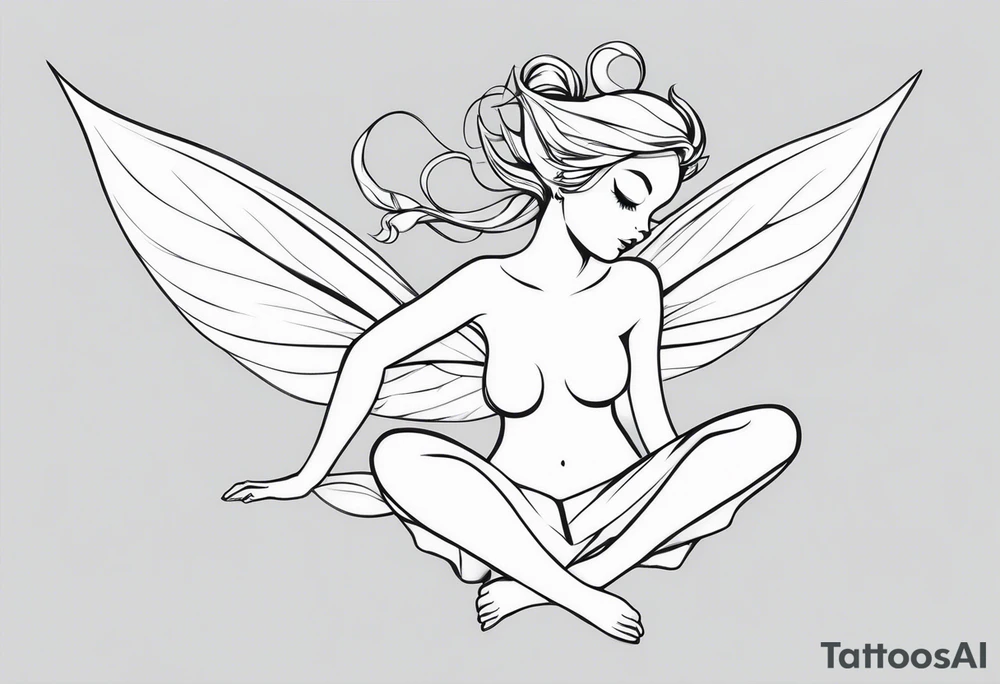 Minimalistic, monochromatic fairy with a tail flying to the left in a fetal position, leaning and looking in the same direction, with visible hands, embodying the 'Fairy Tail' logo aesthetic. tattoo idea