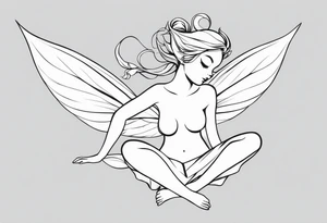 Minimalistic, monochromatic fairy with a tail flying to the left in a fetal position, leaning and looking in the same direction, with visible hands, embodying the 'Fairy Tail' logo aesthetic. tattoo idea