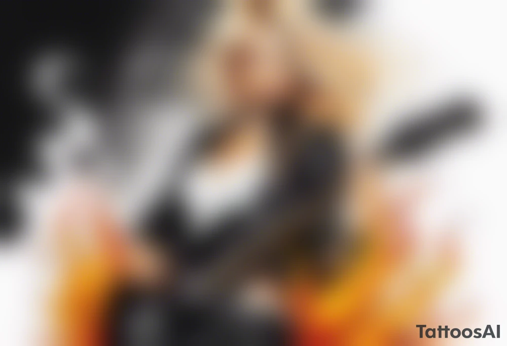 blonde female rock star guitar player black clothes with fire tattoo idea