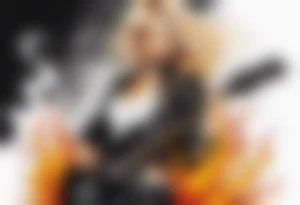blonde female rock star guitar player black clothes with fire tattoo idea